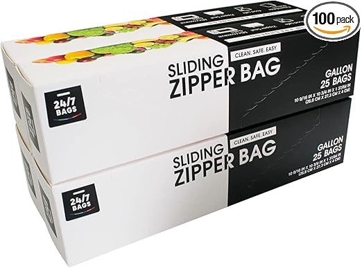 Gallon Slider Storage Bags- 100 Count, Featuring Expandable Bottom, Zero BPA, Microwave-Safe(4 boxes of 25)