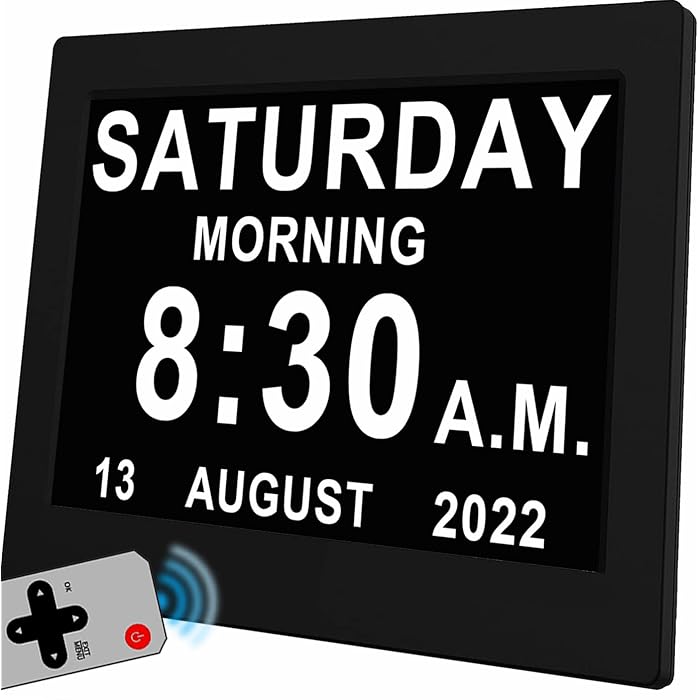 Buy [2022 Newest] 12 Alarms Dementia Clock 8 Inch Large with Remote Control, 5 Levels Auto
