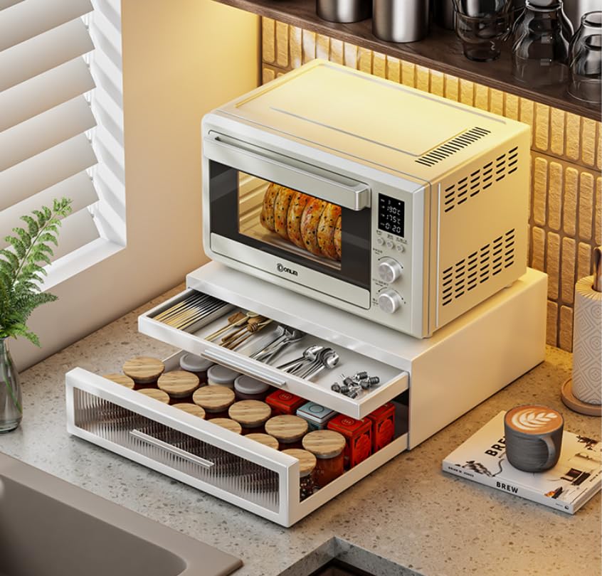 yazi キッチン 家電下引き出し 2段 レンジ下収納台 レンジ下スライドテーブル おしゃれなアクリル キッチン家電下ラック コンパクト トースターラック 作業スペース 幅42×奥行35×高さ14cm ホワイト