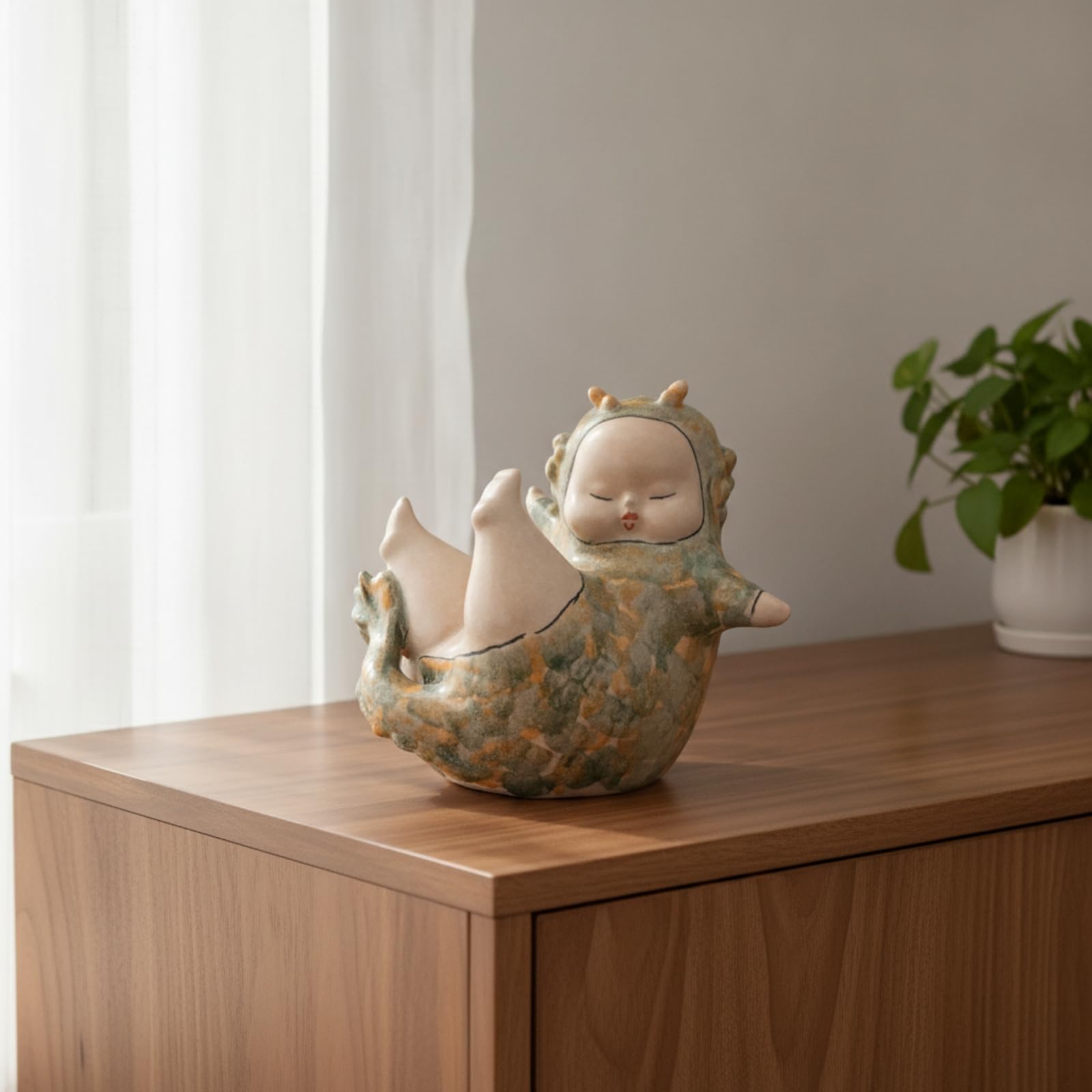 Scultura in Ceramica Statua Figura in Piedi con Bambino Soprammobile Moderno con Effetto Artigianale Adatta per Ingresso Sala Corridoio Consolle Studio