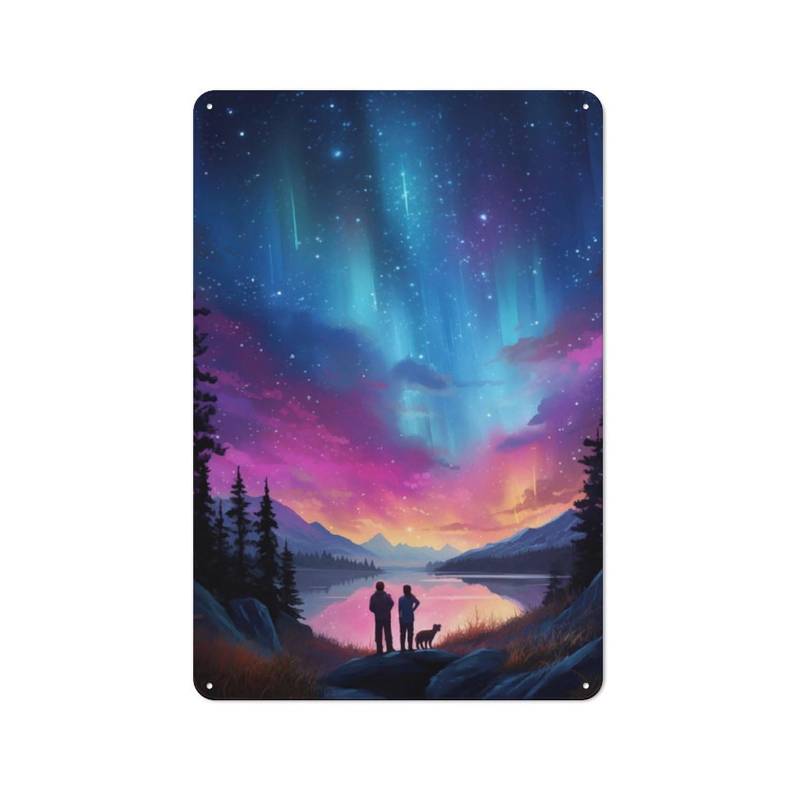 Decorative Metal Plaque with Rainbow Aurora Over Lake Design 30x20cm, Casual Utility Space Decor for Patio Bar, Workshop, Shed Or Kitchen