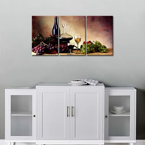 Miniatura 5 de So Crazy Art-Vino decoración de la cocina copa de vino tinto y verde púrpura uvas frutas en la mesa lienzo cuadros ilustraciones 3 paneles de