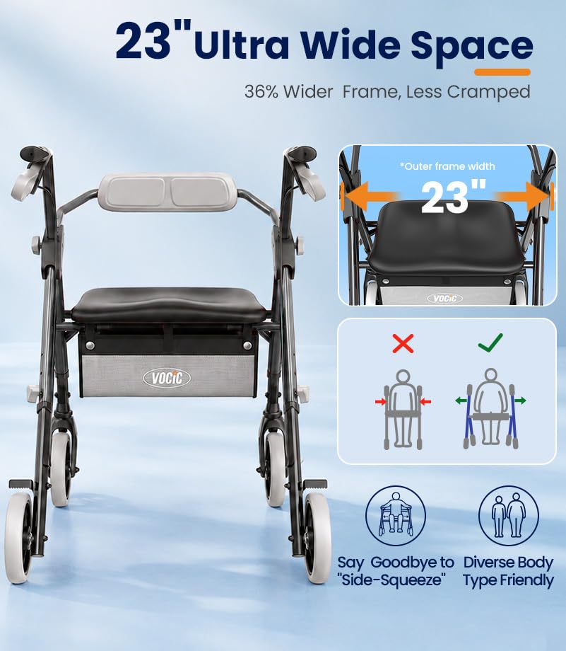 Image of VOCIC Z11 Rollator Walkers for Seniors with Seat, 500 LBS Load, Ultra Wide | High-capacity support, 23 inch wide frame, ergonomic seat, dual brakes, and slim fold for home, shopping & daily walks, Black