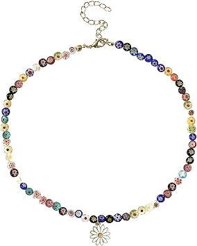 Daisy Bead Necklace Flower Pearl Necklace Rainbow Glass Bead Necklace Fit for Women Girls on Birthday, Anniversary, Holiday, Graduation, Valentines Day, Valentines Day apposite