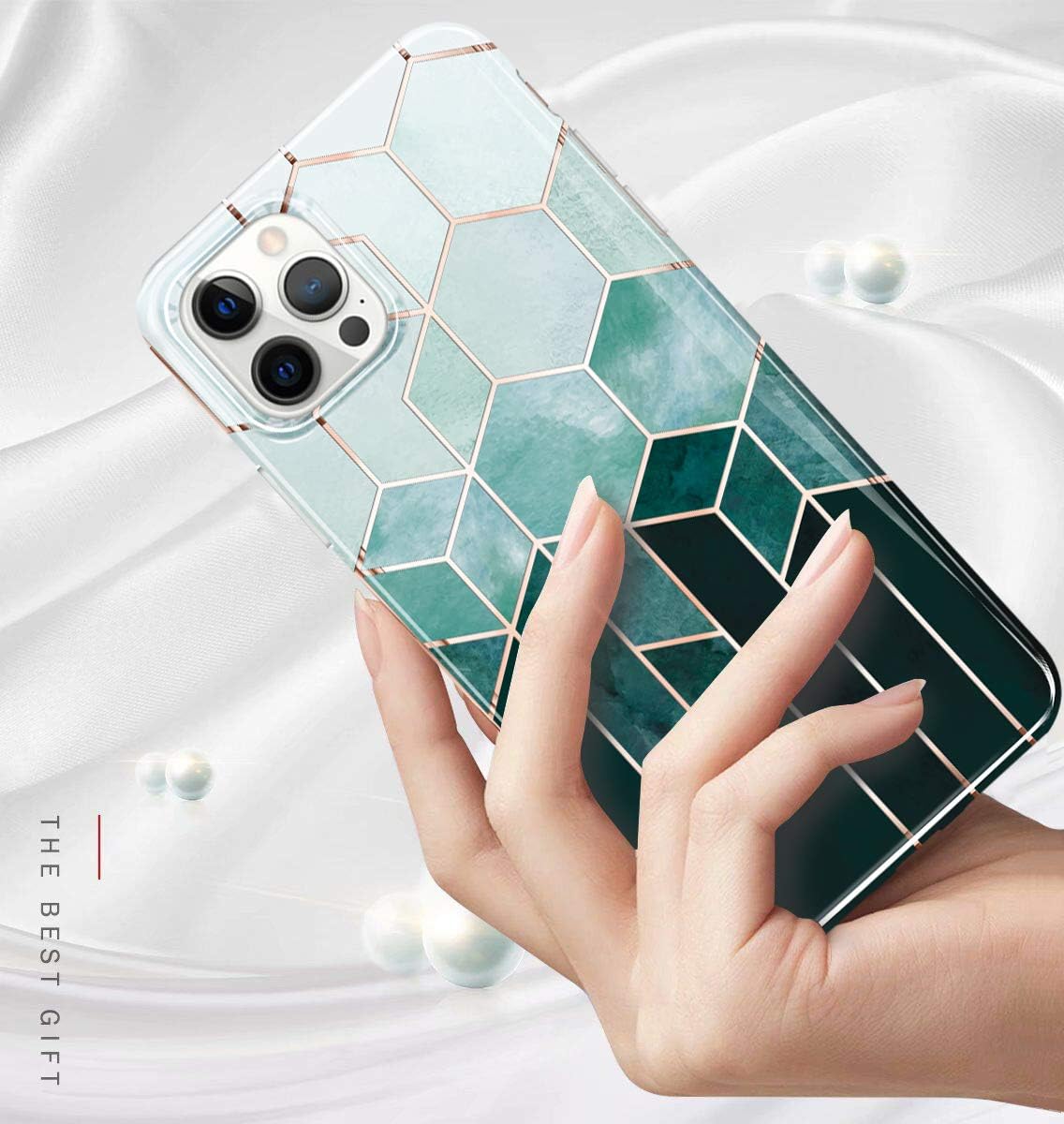 luolnh Stylish Protective Case Compatible with iPhone 12 Pro Max 6.7 Inch Marble Smooth Design Soft Silicone Rubber TPU Bumper Cover Skin Phone Case(Geometric Green Lattice)