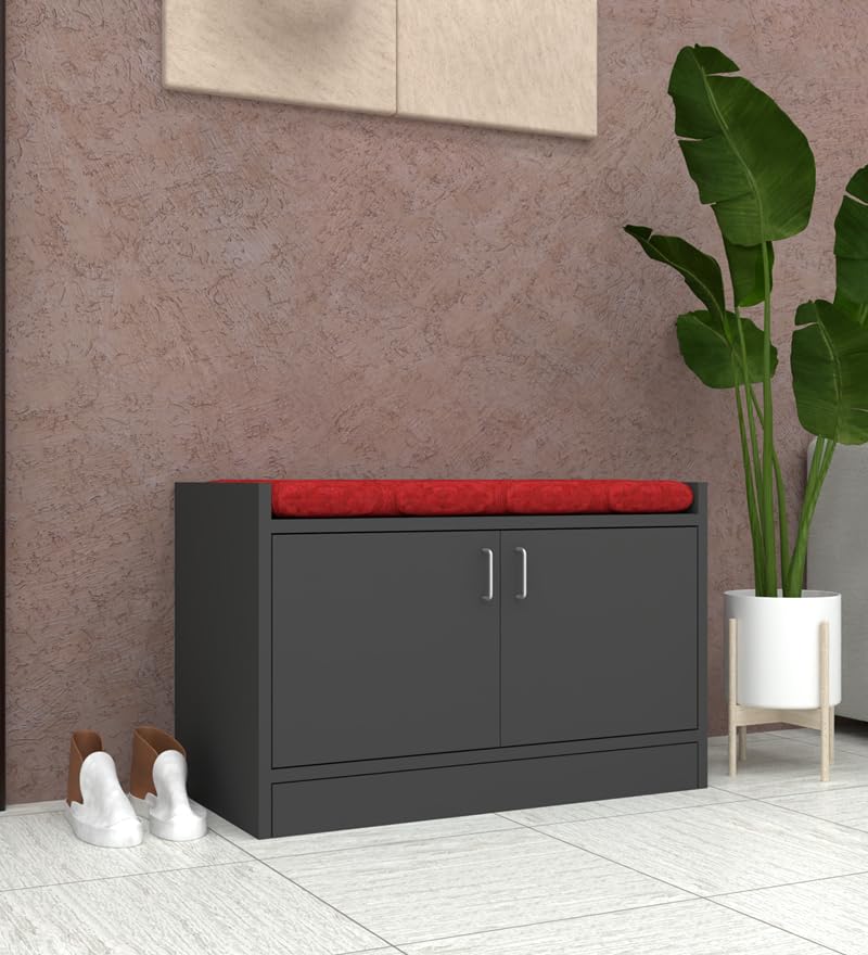Image of SPECIALITY PANELS 2 Door Shoe Rack with Cushion, Grey with Red Cushion, 75 cm x 49 cm, DIY Assembly, Storage Bench with Seating