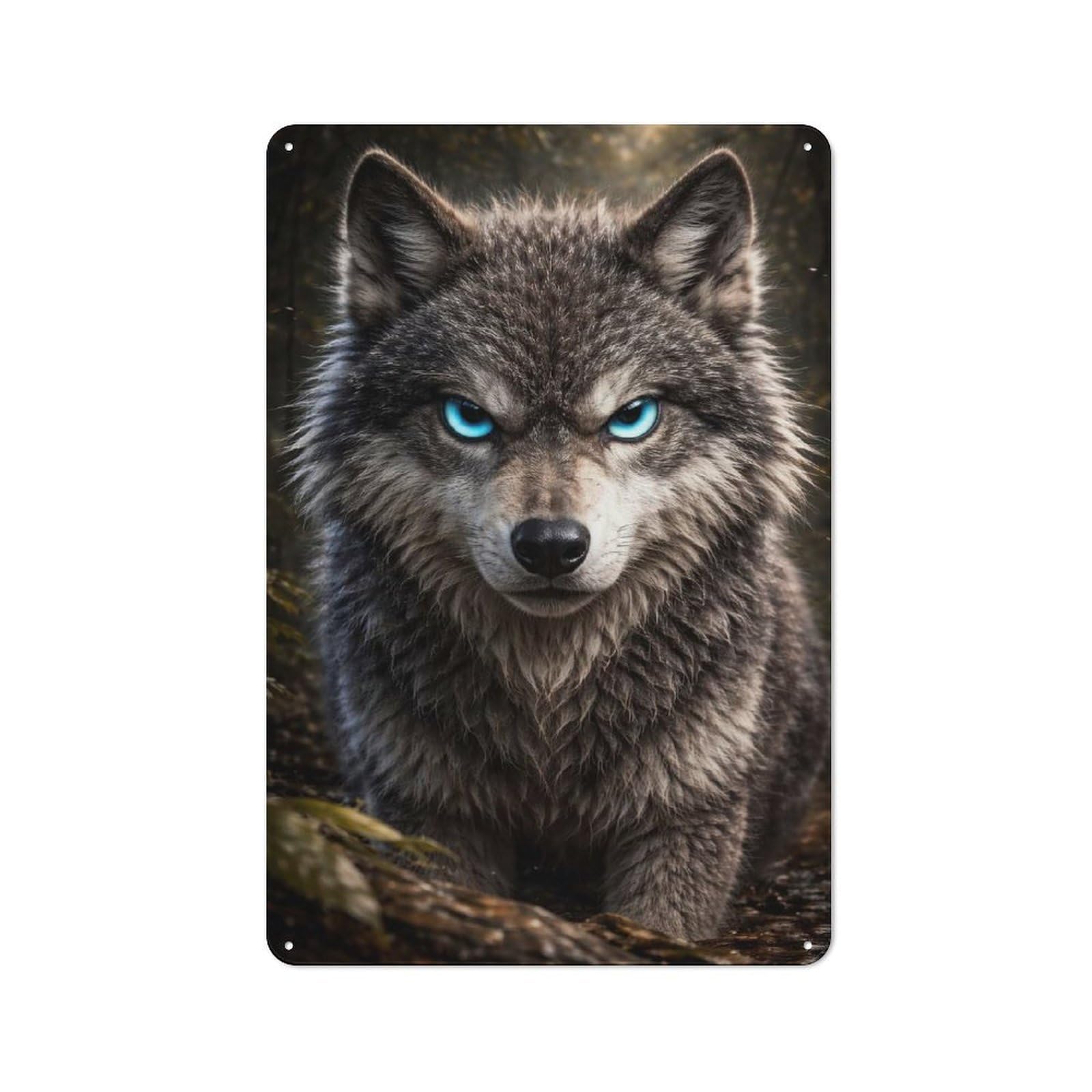 Junmoney Style Intense Wolf Portrait With Glowing Eyes Garage Metal Sign 30X20cm, Weathered Look Shed Wall Plaque For Garage, Workshop, Shed Or Utility Room