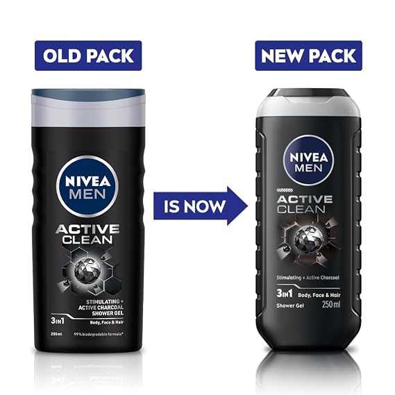 NIVEA MEN Hair, Face & Body Wash, Active Clean Shower Gel, 250ml