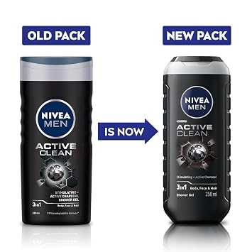 NIVEA MEN Hair, Face & Body Wash, Active Clean Shower Gel, 250ml