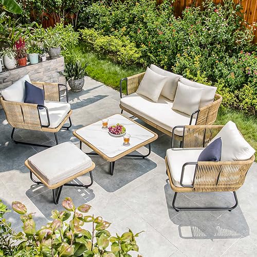 Image of Amazon Brand - Solimo Harbor Outdoor Rope Sofa Set | Balcony Sofa | Patio Conversation Sets | Braided Rope Garden Sofa Set and Ottoman (5 Seater- Beige & White)