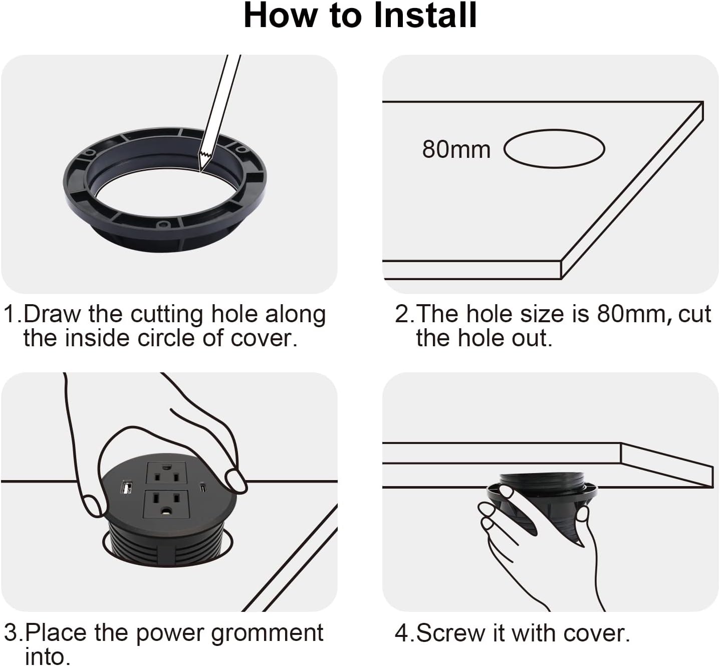 Desk Power Grommet USB C Total 30W, 3.15 Inch PD Fast Charge Desktop Power Strip 2 Outlets 2 USB Ports Recessed Flat Plug Extension Cord Mount into Countertop Shelf Cabinet End Table. (Black)