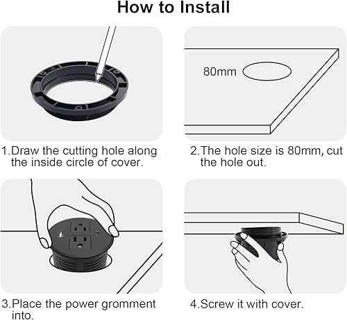 Miniatura 3 de Ojal de alimentación de escritorio USB C total 30 W, tira de alimentación de escritorio PD de carga rápida, 2 tomacorrientes, 2 puertos USB, enchufe