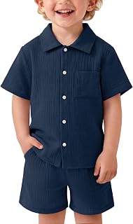 Baby Boy's 2 Piece Cotton Sets | 18M-5T, Short Sleeve, Button-Down, Cotton, Elastic Waist, with Pockets, Casual, Loose, Summer, Soft, Breathable, Lightweight