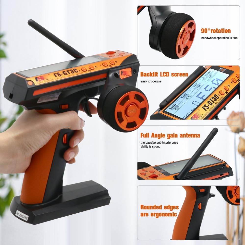 Жакын план view of the Flysky FS-GT3C transmitter highlighting its backlit LCD screen, 90-degree rotation handwheel, full angle gain antenna, and ergonomic design.