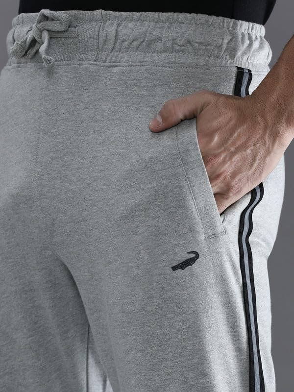 Image of CROCODILE Men Solid French Terry Joggers | Classic Fit | Mid Rise | Drawstring Closure | Ankle Length | Casual Wear Navy Melange