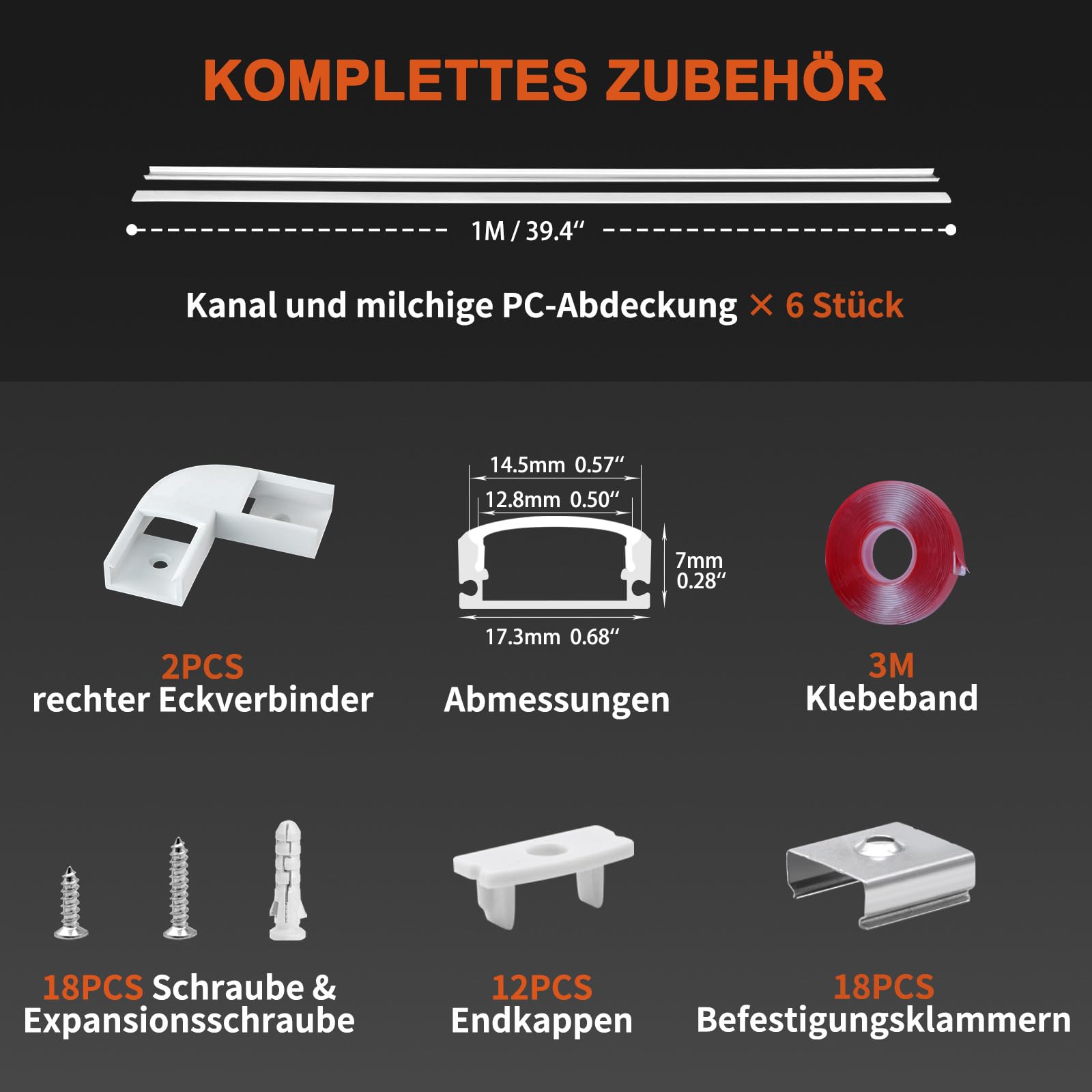 HOMMAND 6 x 1m/3,3ft LED Profil U-Form, Aluminium Kanal mit Diffusor, Eckverbinder, Klebstoff, Endkappen, Montageclips, Innenbeleuchtung, LED-Streifen-Kanal