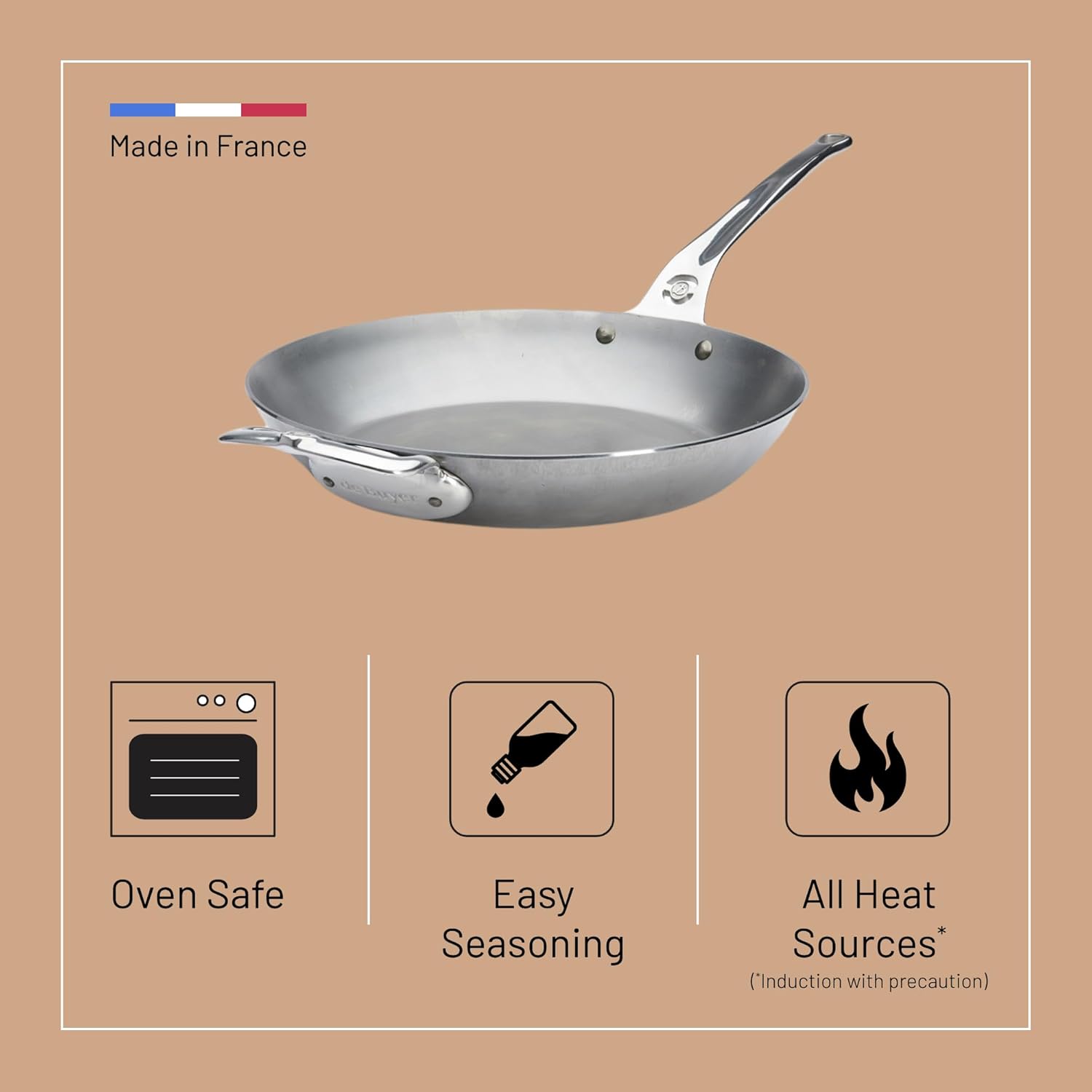 de Buyer MINERAL B Pro Carbon Steel Country Fry Pan with Helper Handle - 12.5” Diameter, 9” Cooking Surface - Ideal for Sauteing, Simmering, Frying - Naturally Non-Stick Finish - Made in France - Image 3