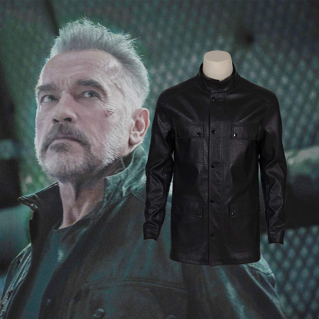 Rubyonly Arnold Schwarzenegger Terminator 6 Dark Fate Faux Leather Halloween Christmas Cosplay Costume Stylish Bomber Biker Jacket,M