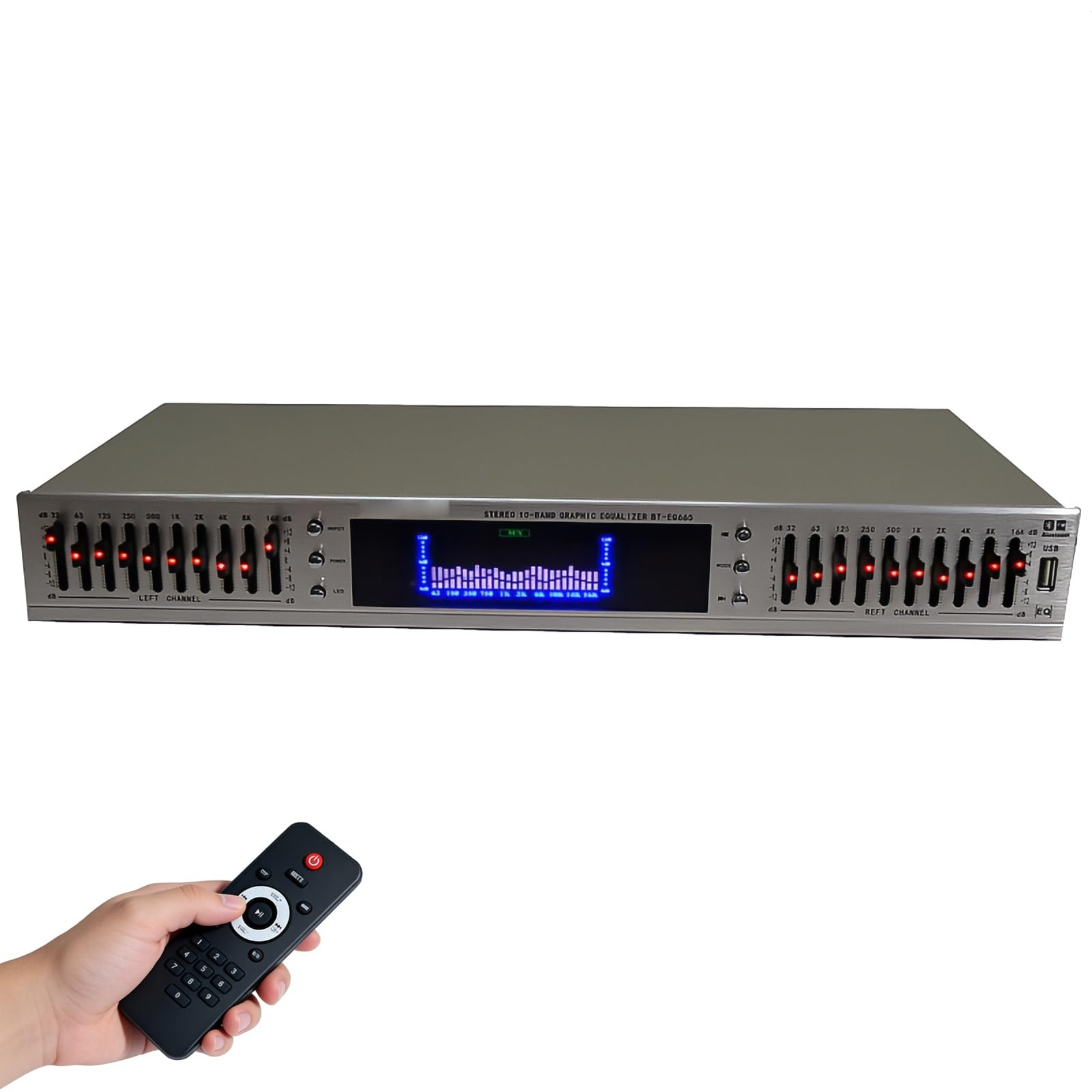 Ecualizador de Audio HiFi de 20 Bandas, Ecualizador gráfico Digital Profesional con Bluetooth Integrado, Pantalla LED de Espectro y Control Remoto, sintonizador de Ritmo dinámico(Silver)