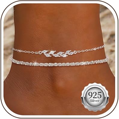 Kenivira 925 Sterling Silver Ankle Bracelets For Women Dainty Layered Waterproof 18K Gold Plated Anklets For Women Beach Adjustable Anklet Foot Jewellery