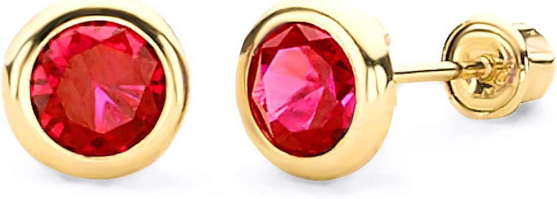 14k Yellow Gold 5mm Round Bezel Stud Earrings with Screw Back - 2 Different Color Available