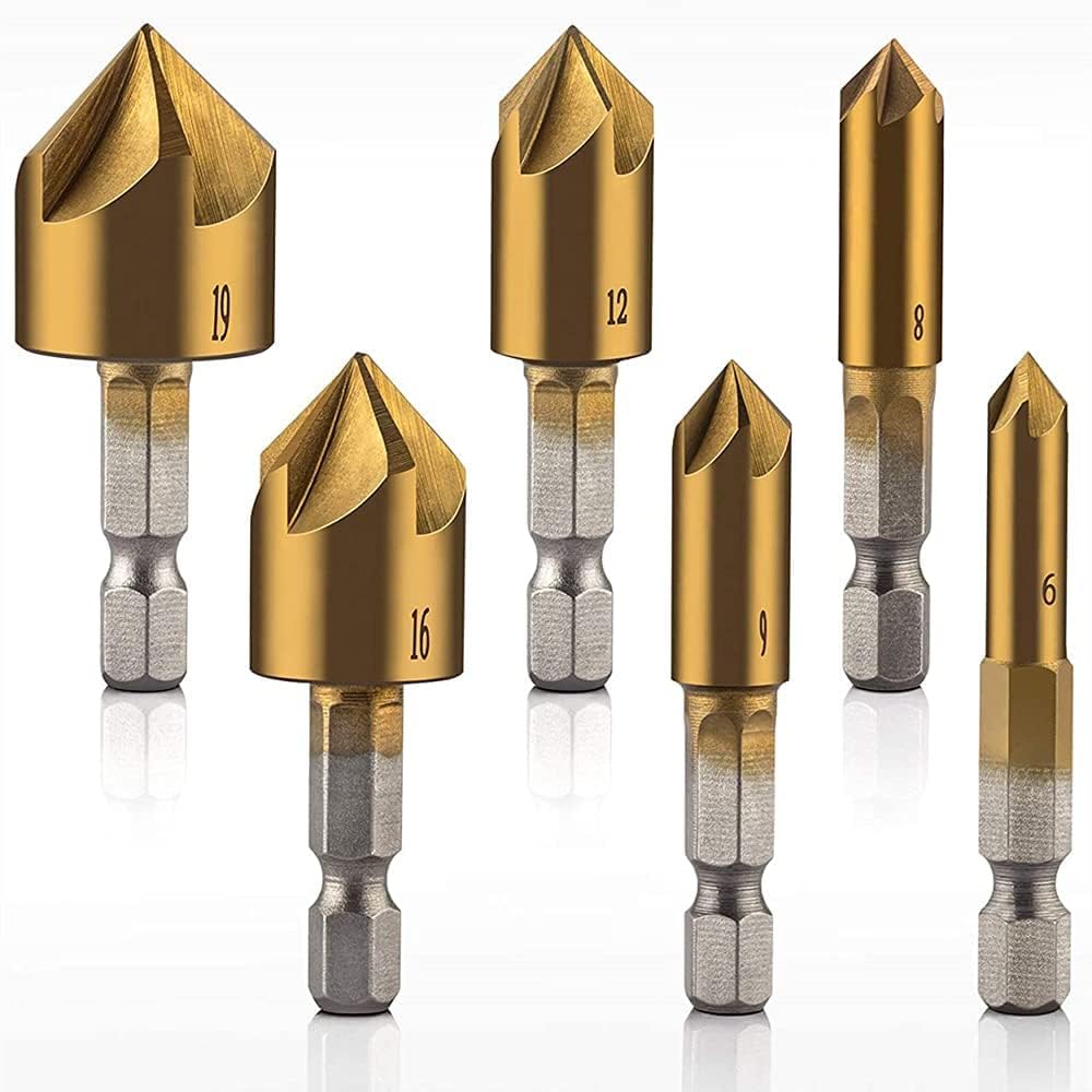 High Speed Steel 6Set Sichumaria Countersink Drill Bit 1/4'' Hex Shank Hss 5 Flute Countersink 90 Degree Center Punch Tool Sets For Wood Quick Change Bit 6Mm-19Mm