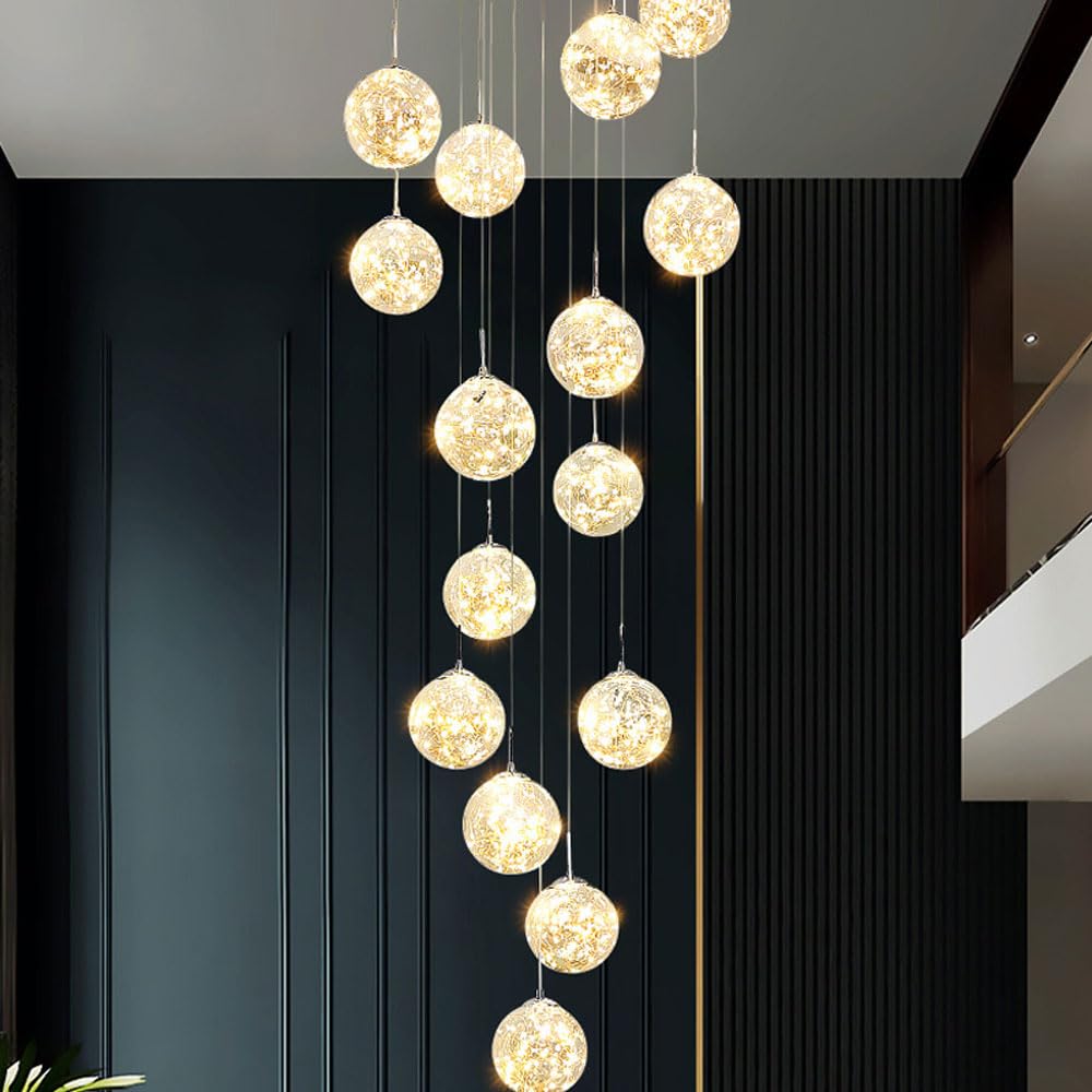 PCXEHUYP Staircase Glass Globe Pendant Light Gold Large Chandeliers For High Ceilings, Entryway Fixture Villas And Stairs