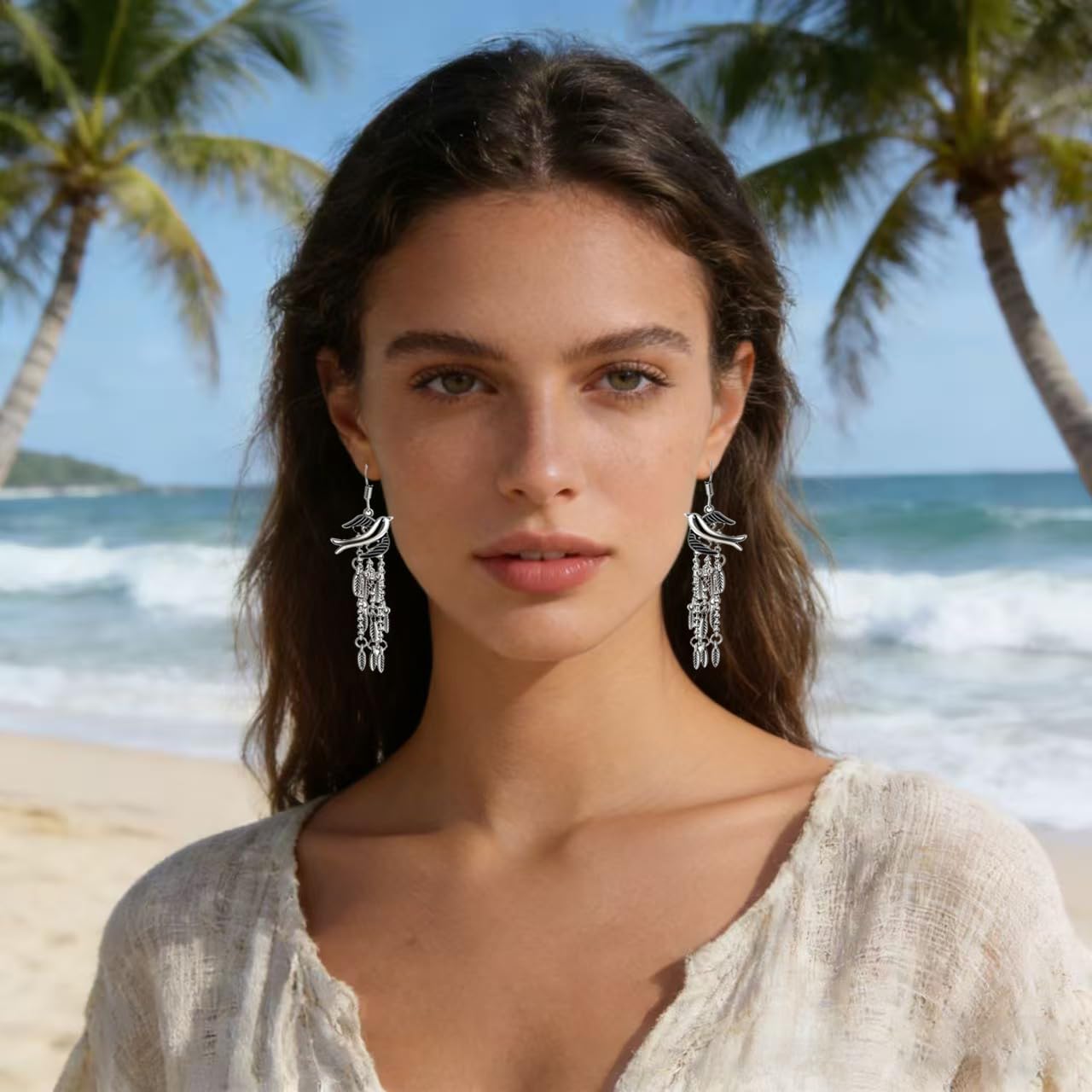LOVE&CLOVER Bohemian Vintage Bird Tassel Dangle Earrings for Women, Antique Silver Ethnic Leaf Chain Drop Earrings - Image 3