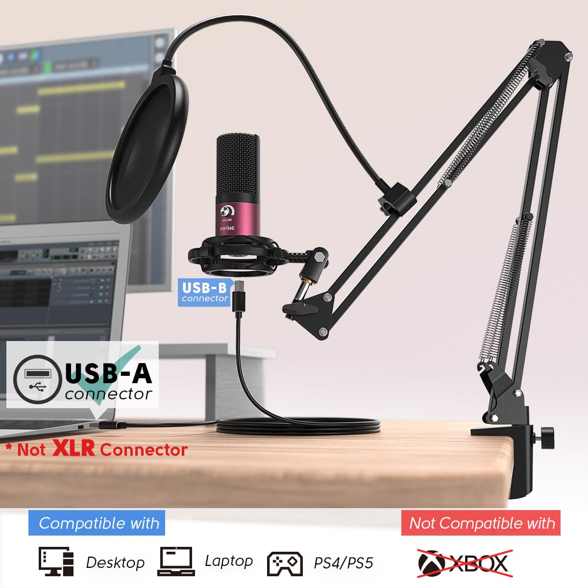 FIFINE Studio Condenser USB Microphone Computer PC Microphone Kit with Adjustable Boom Arm Stand Shock Mount for Instruments Voice Overs Recording Podcasting YouTube Vocal Gaming Streaming-T669: Rose Red