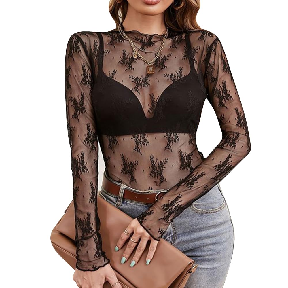 HSAJS Top para Mujer de Encaje Blusa de Verano Cuello Alto Sexy Transparente Elegante Ajustada Camiseta de Malla Manga Larga Y2K Ropa de Club Fiesta