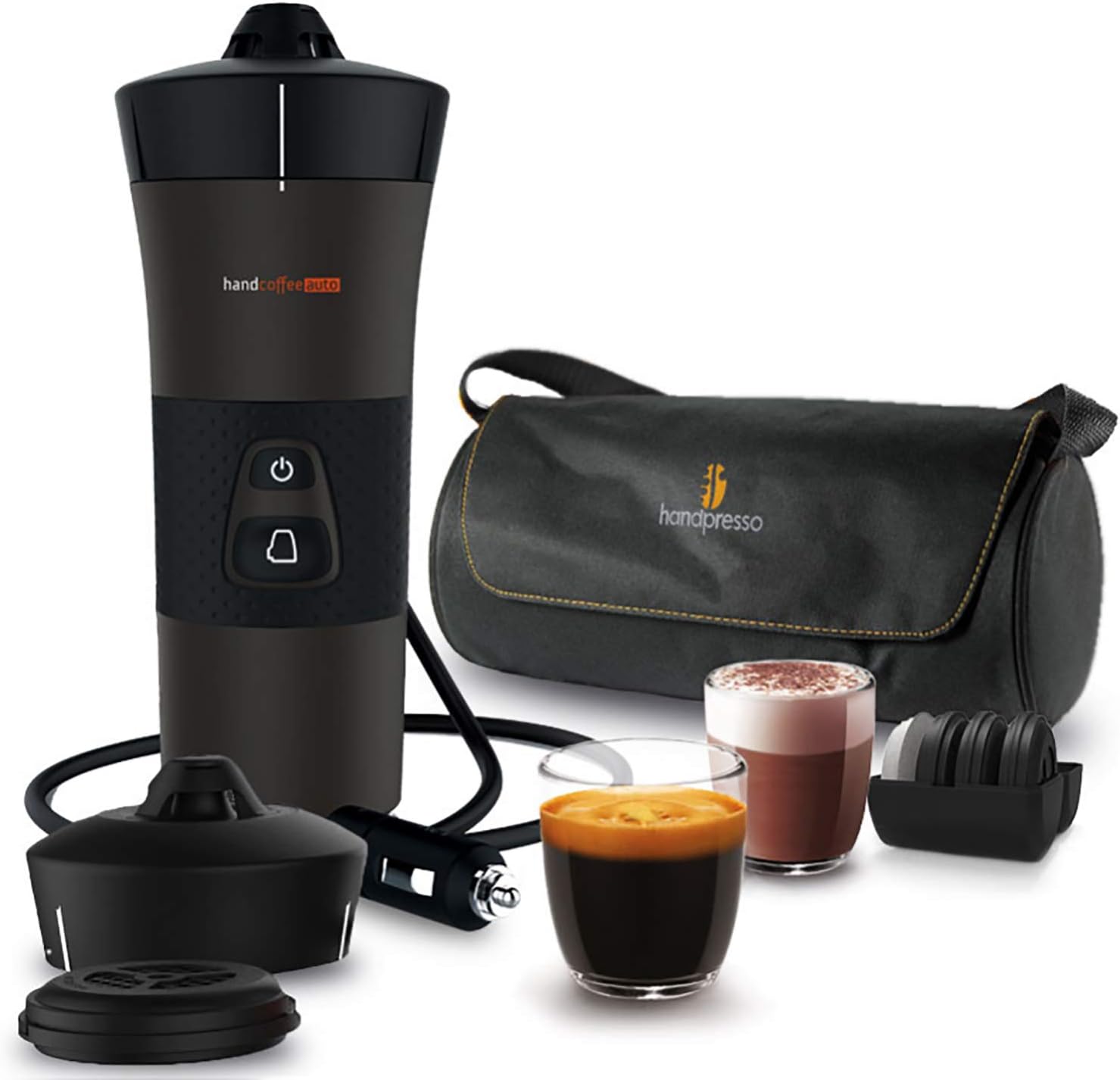 Handpresso โ Handcoffee Auto Travel Pack 48312A Set with the12V portable coffee maker for cars using soft pods