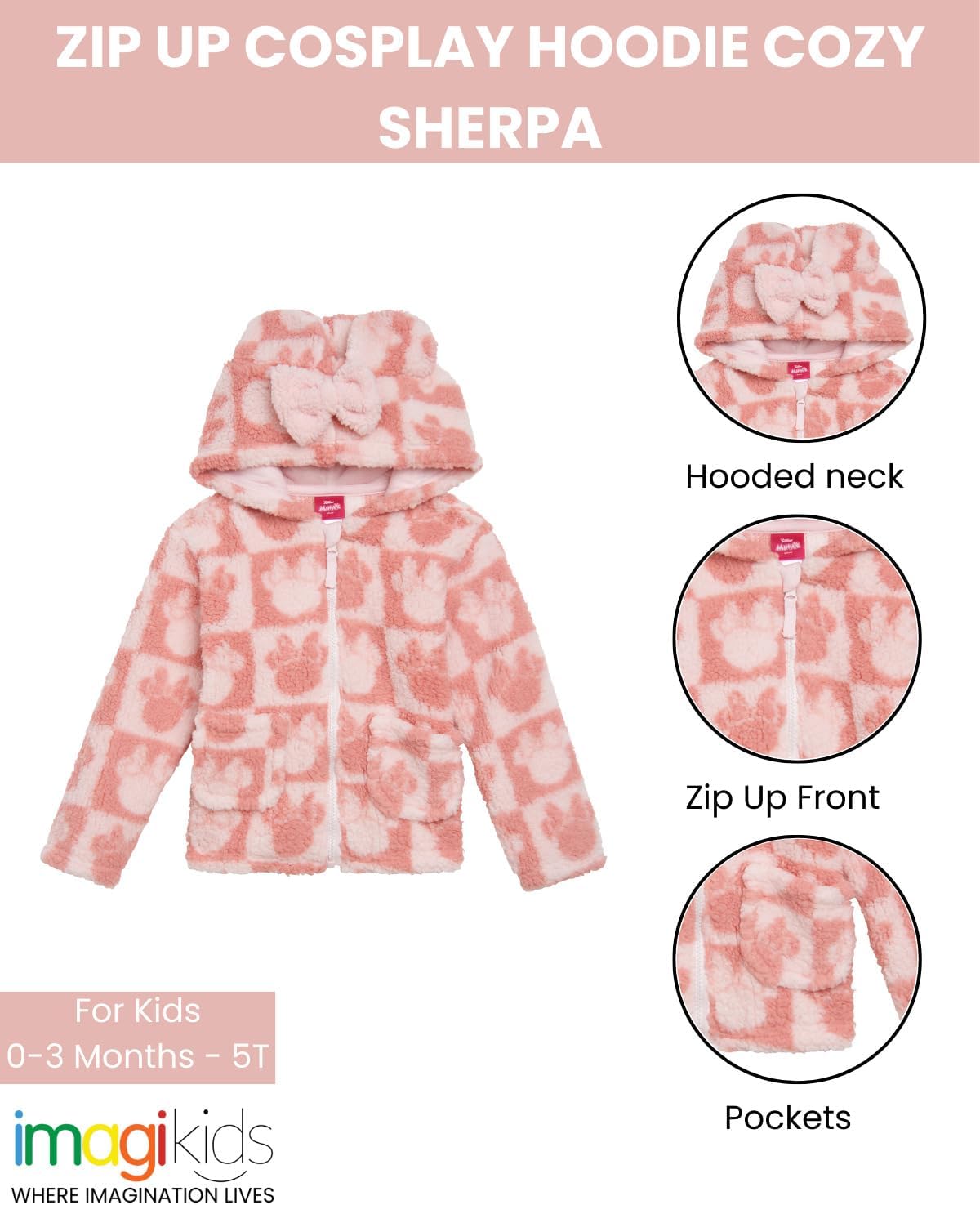 Disney Minnie Mouse Mickey Winnie the Pooh Cozy Sherpa Zip Up Cosplay Hoodie Newborn to Toddler Sizes (0-3 Months - 5T) - Image 3