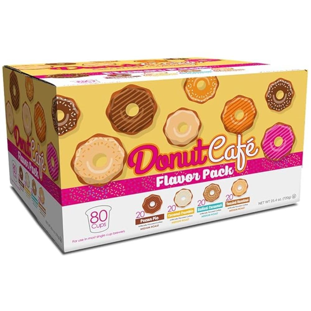 Donut Café 80 capsule di caffè tostato medio per birra Keurig K Cup, 20 ciascuna: torta di noci pecan, briciole di cocco, caramello salato, nocciole tostate, confezione assortita aromatizzata
