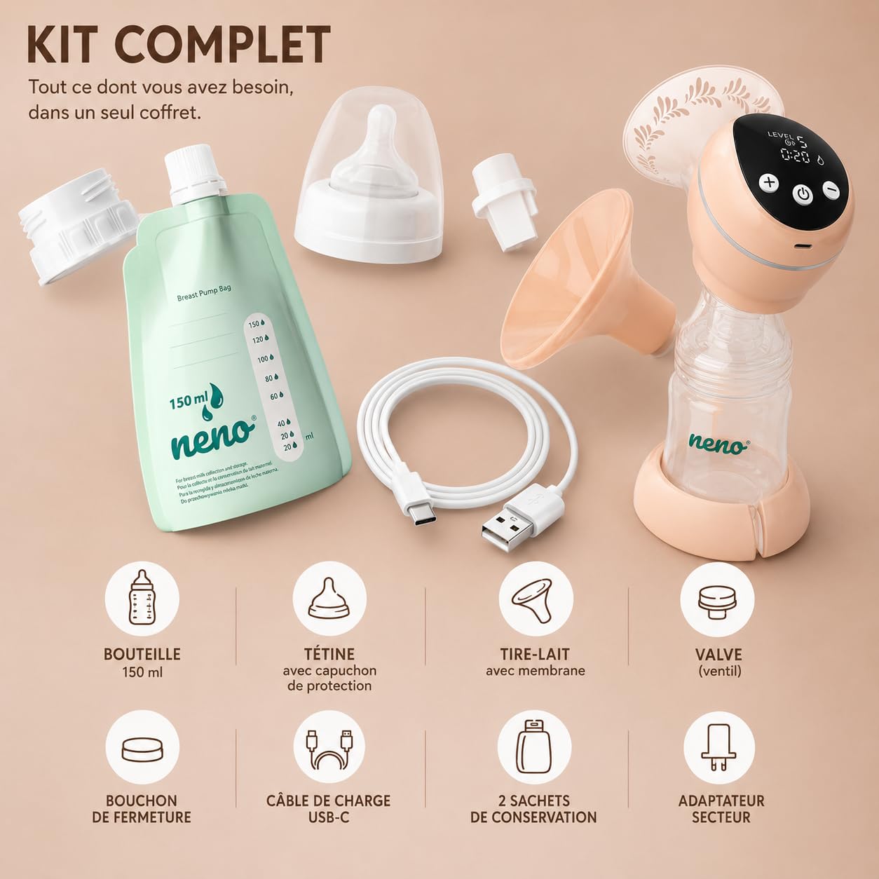 Neno Primo Tire-Lait Électrique Sans Fil Double Phase, 2 Modes et 14 Niveaux, Technologie AIR SUCTION, Téterelle en Silicone, Rechargeable, Complet avec Biberon et Sachets de Conservation du Lait