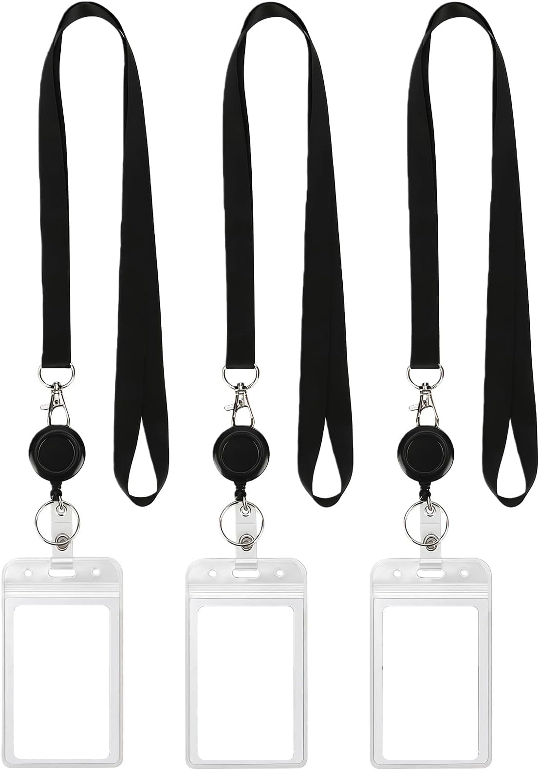 3 Set Lanyards for ID Badges Holder, Double-Sided Waterproof Clear Badge Holder with Retractable Reel & Neck Lanyard for Work Badges ID Cards Business Cards Key Rings(Black)