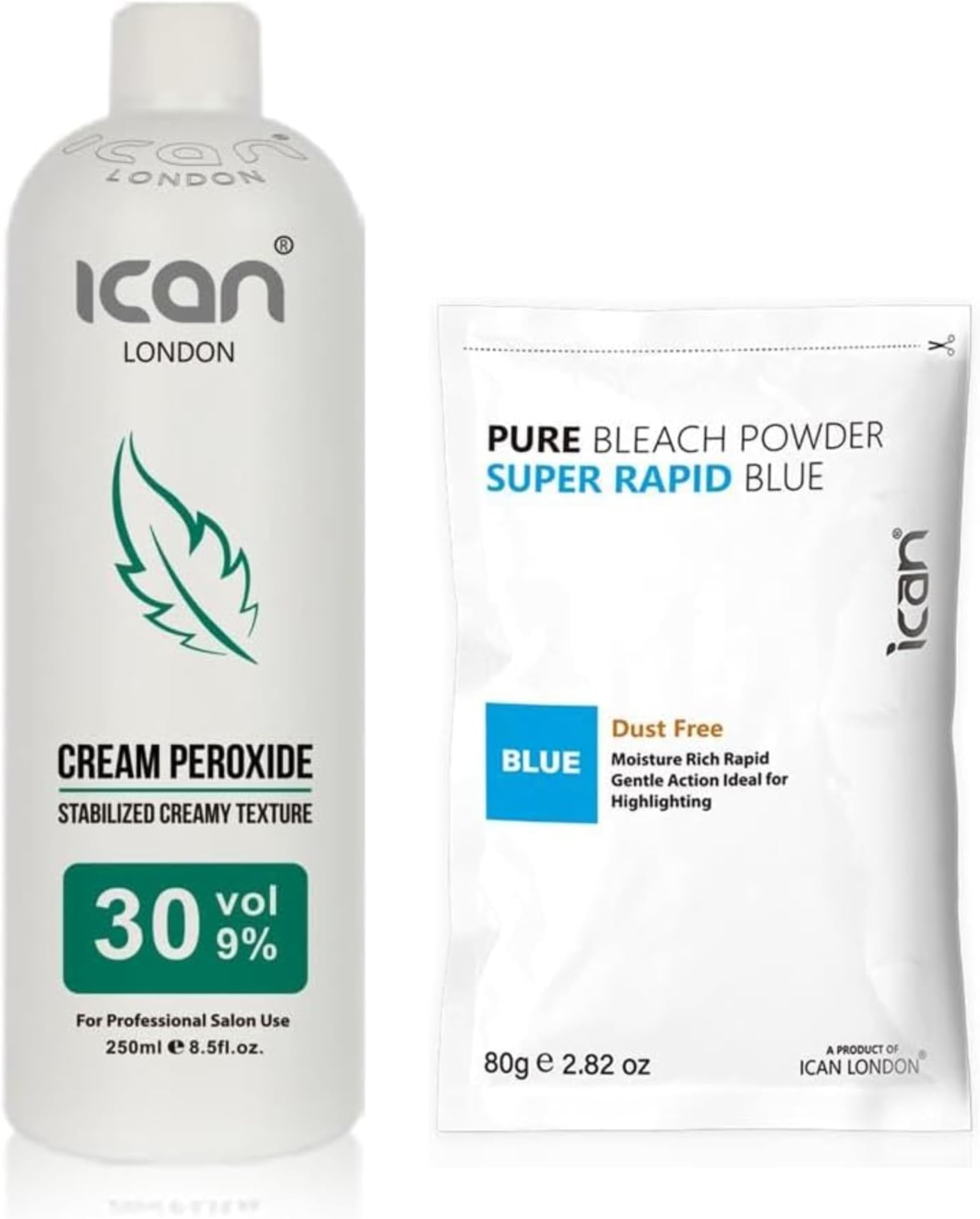 ICAN LONDON PROFESSIONAL CREAM PEROXIDE 30 VOL 9% 250 ML + RAPID BLUE POWDER BLEACH 80 G SET