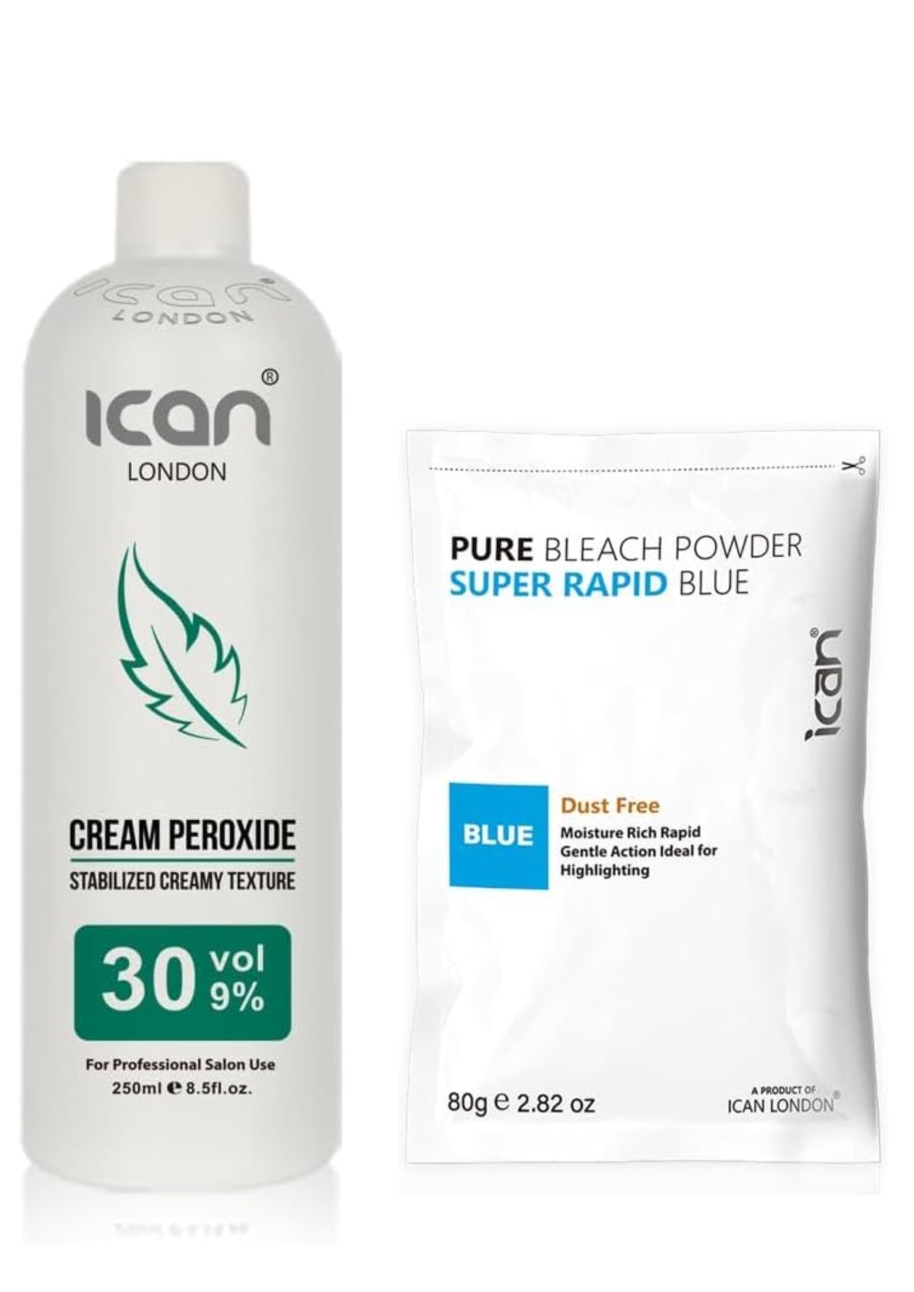 ICAN LONDON Professional Peroxide Cream 30 VOL, 250ml, Rapid Blue Powder Bleach Set, 100 G