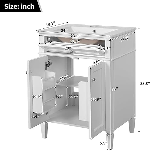Miniatura 9 de Virubi Tocador de baño de 30 pulgadas con lavabo individual, moderno armario de lavabo de baño con 2 cajones y un cajón abatible, tocadores de baño