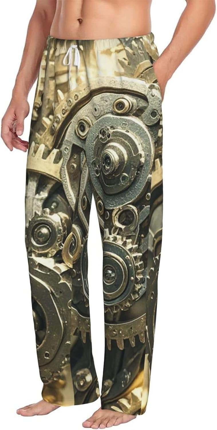 Mens Pajama Pants Steampunk Mechanical Gears Pajama Bottom Soft Warm Sleep Pant with Pockets Lounge Pants