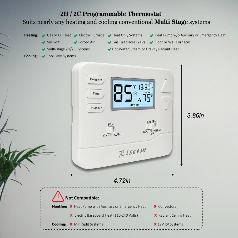 Termostato programable, multietapa, 2 calor/2 frío, termostato avanzado para sistemas HVAC mejorados, retroiluminación blanca