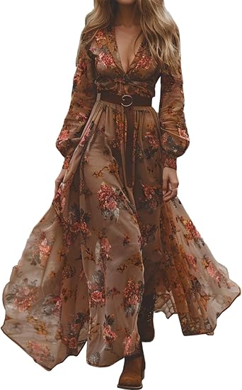 Womens Sexy V-Neck Long Sleeve Flower Long Dress Vintage Western Country Maxi Chiffon Dress Fall Casual Flowy Dress