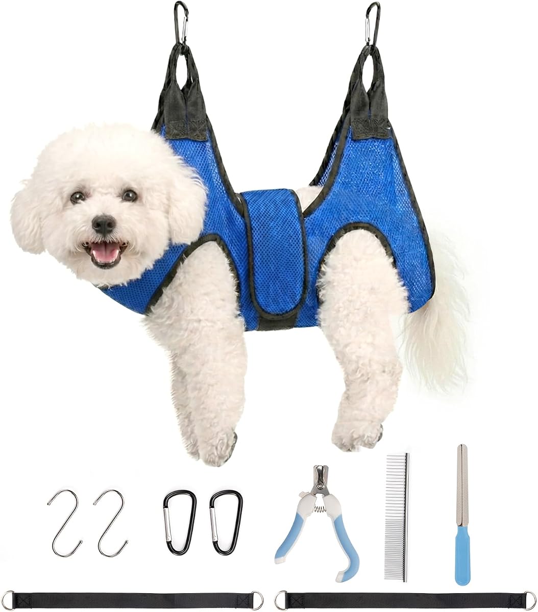 Dog Grooming Hammock Harness, Hanging Sling Restraint for Nail Clipping | Small to Medium Dogs & Cats, with Nail Clipper and Comb Pet Grooming Hammock Kit
