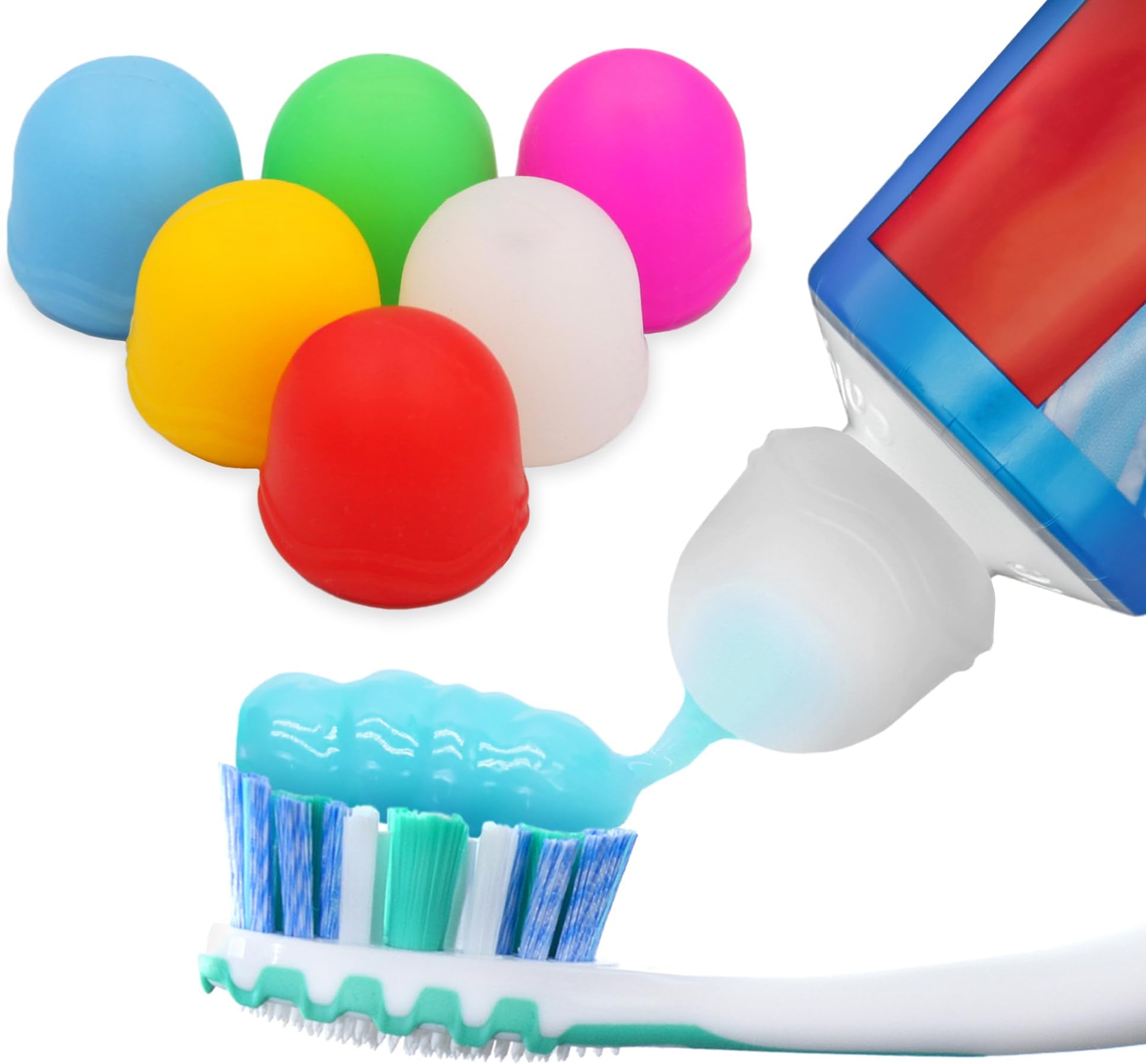 Chrome Cherry Toothpaste Caps 6 Pack, SqueezMe , Self-Closing, Silicone Caps, Mess-Free Toothpaste Dispenser Squeezer Lids for Kids, Adults, Bathroom Accessories for Tooth and Gum Health (MixColour)