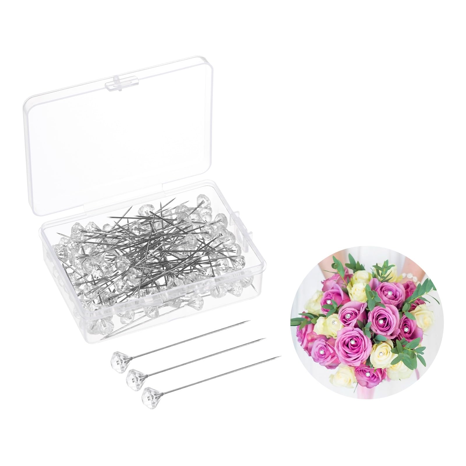 M METERXITY 100-Pack Corsage Boutonnieres Pins, 2inch(5.1cm) Clear Diamond Floral Straight Pin for Wedding/Jewelry/Flower Decorations, Bouquet Pins Flower Pins