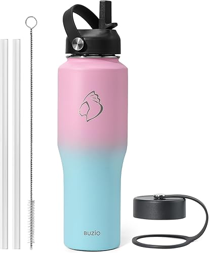 BUZIO Botella de agua de acero inoxidable aislada al vacío (fría durante 48 horas, caliente durante 24 horas), termo de viaje de 32 onzas con tapa