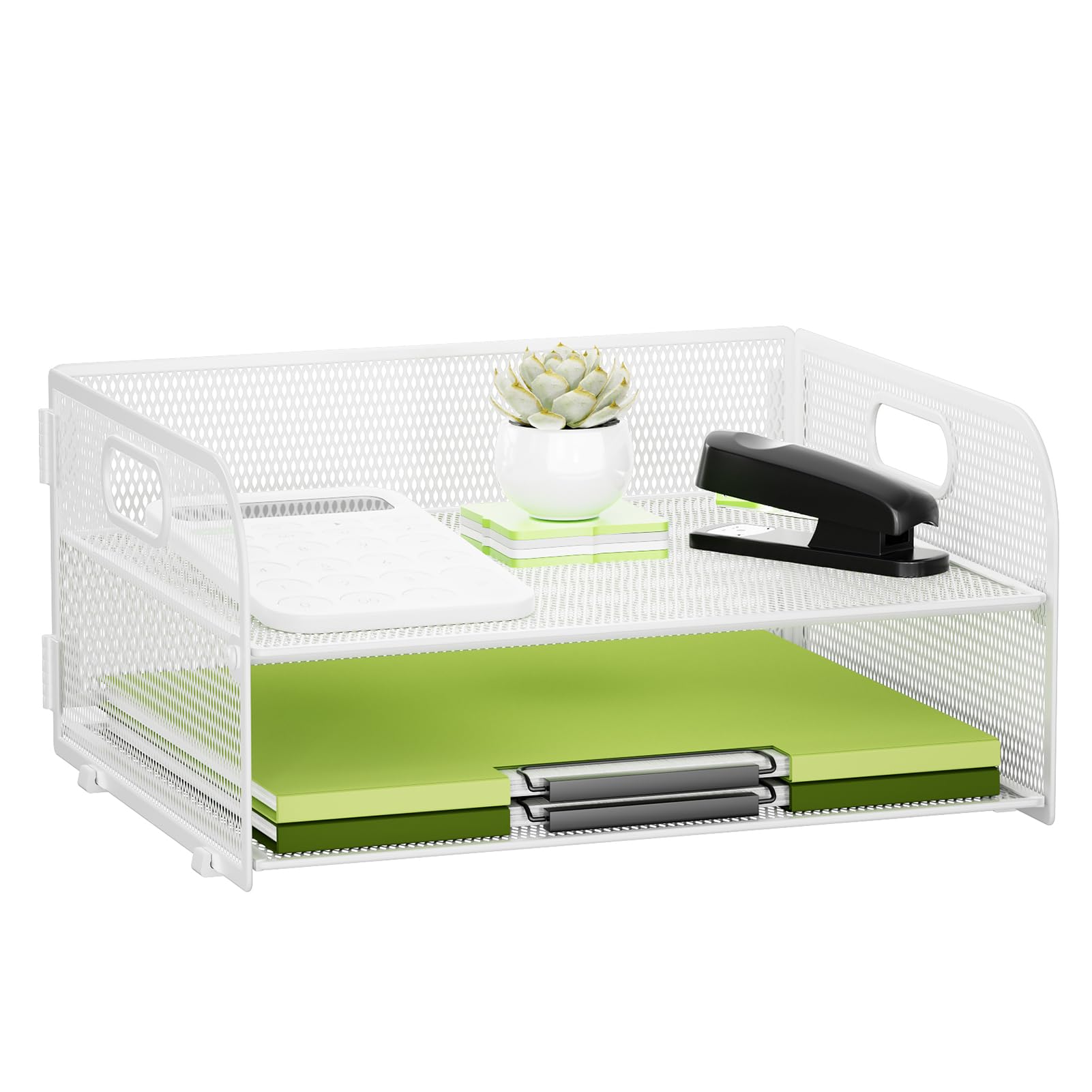 Volmop 2 Tier Metal Mesh Desk File Organizer, Letter and Paper Tray with Handle, Non-Slip Base for Office School Supplies, White