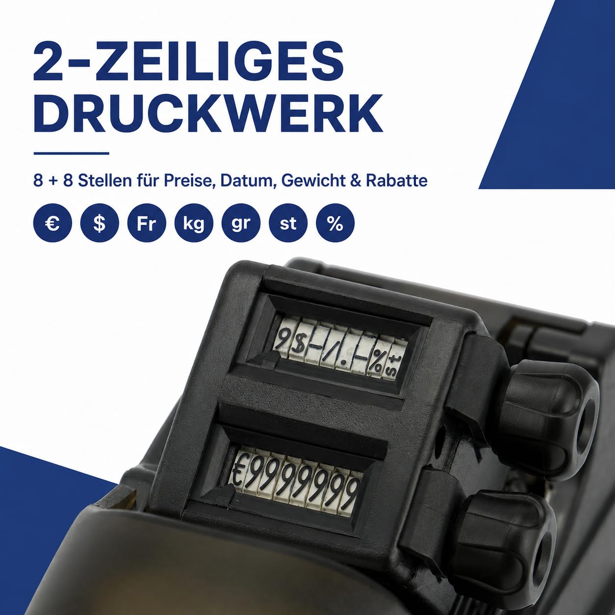 Pokornys Etichettatrice prezzi UNO S16 a 2 righe per etichette da 26 x 16 mm, etichettatrice manuale a 8 + 8 cifre per prezzo, data, MHD, codice articolo e sconto, con rotolo di etichette e colore