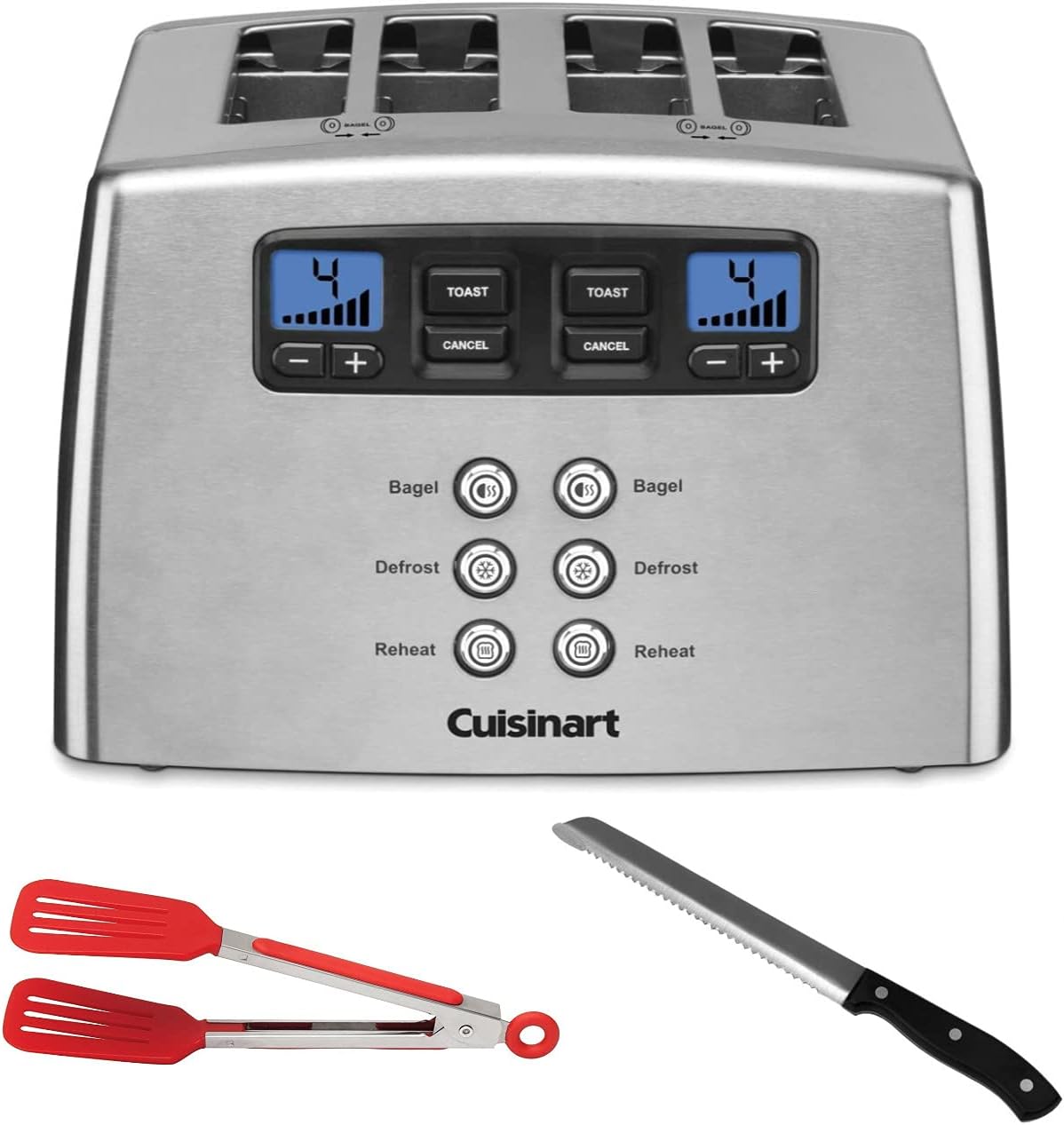 Cuisinart CPT-440P1 Touch to Toast Countdown Leverless 4-Slice Toaster with Bread Knife and Nylon Flipper Tongs Bundle (3 Items)