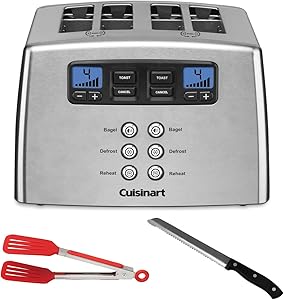 Cuisinart CPT-440P1 Touch to Toast Countdown Leverless 4-Slice Toaster with Bread Knife and Nylon Flipper Tongs Bundle (3 Items)