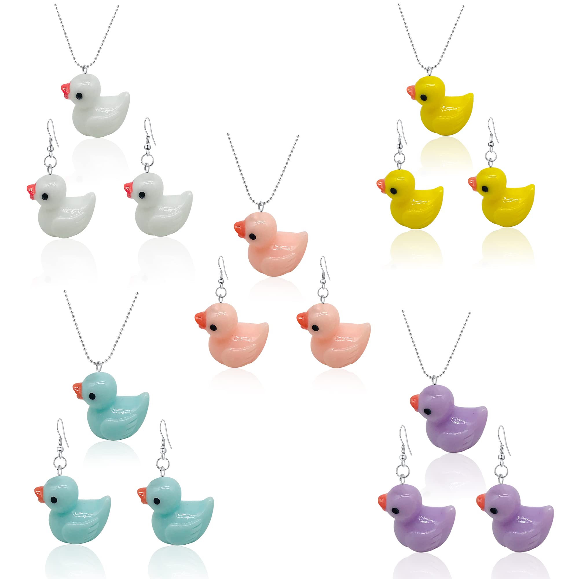 5 Pairs Weird Rein Cute Yellow Duck Drop Earring Necklace Set Funny Kawaii for Women Jewelry Lovely Duck Animal Dangle Earring Set Statement